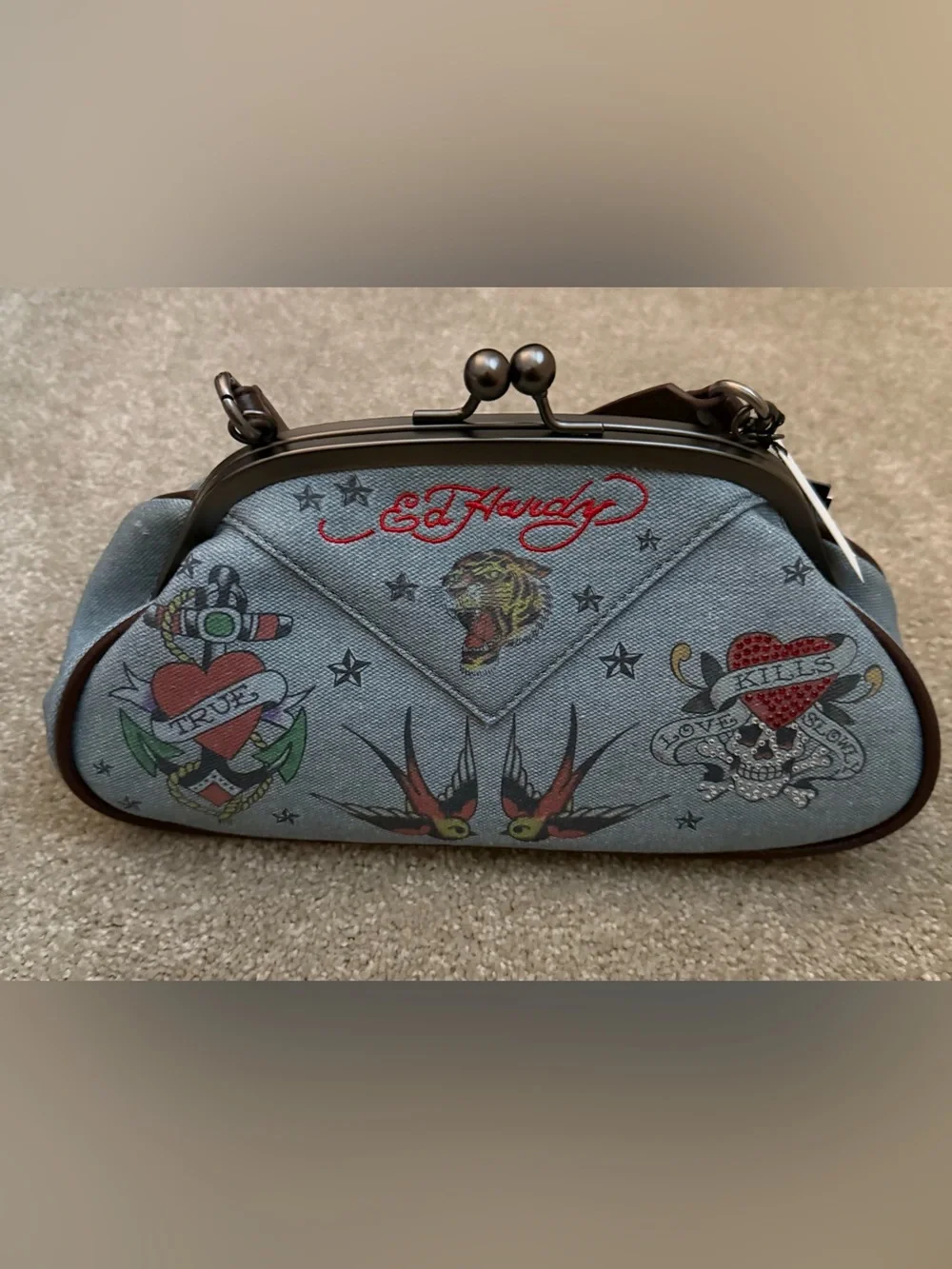 NWT Ed Hardy Tattoo Print Denim Canvas Kisslock Shoulder Bag Handbag Dome